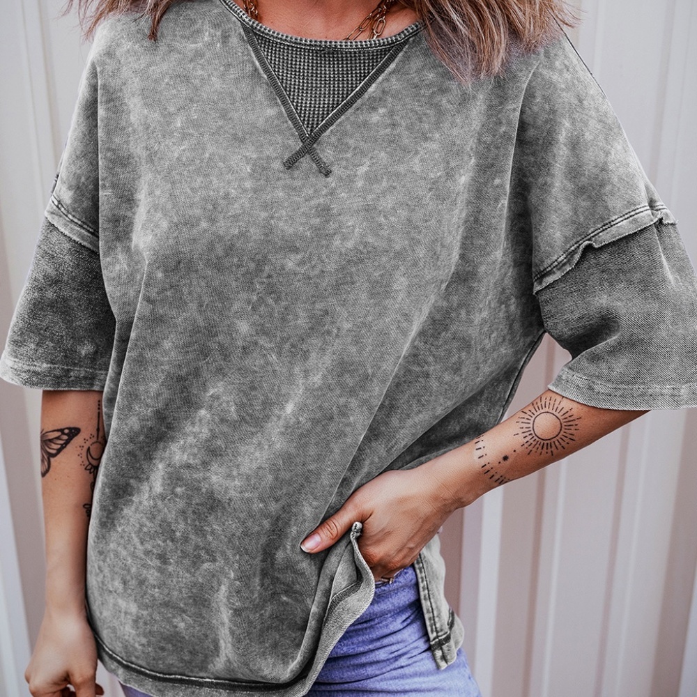 Philippine Gray Mineral Wash Exposed Seam Drop Shoulder‎ Oversized Tee - Picture 10 of 11